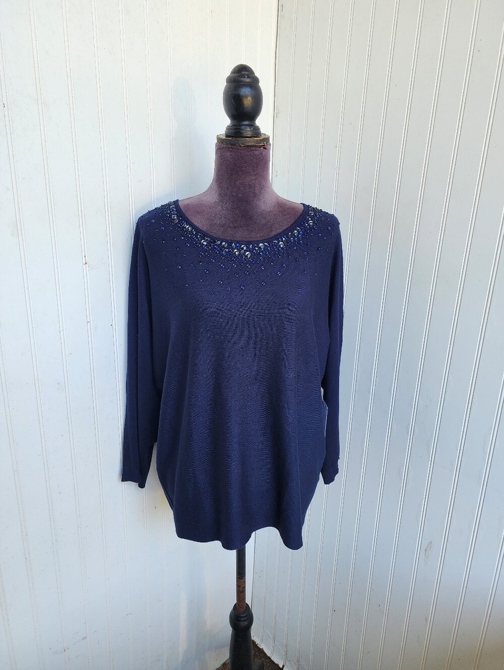 NWT Monograph Pullovers Long Sleeve Jewel Beads Sweater Navy Blue Rayon Size L